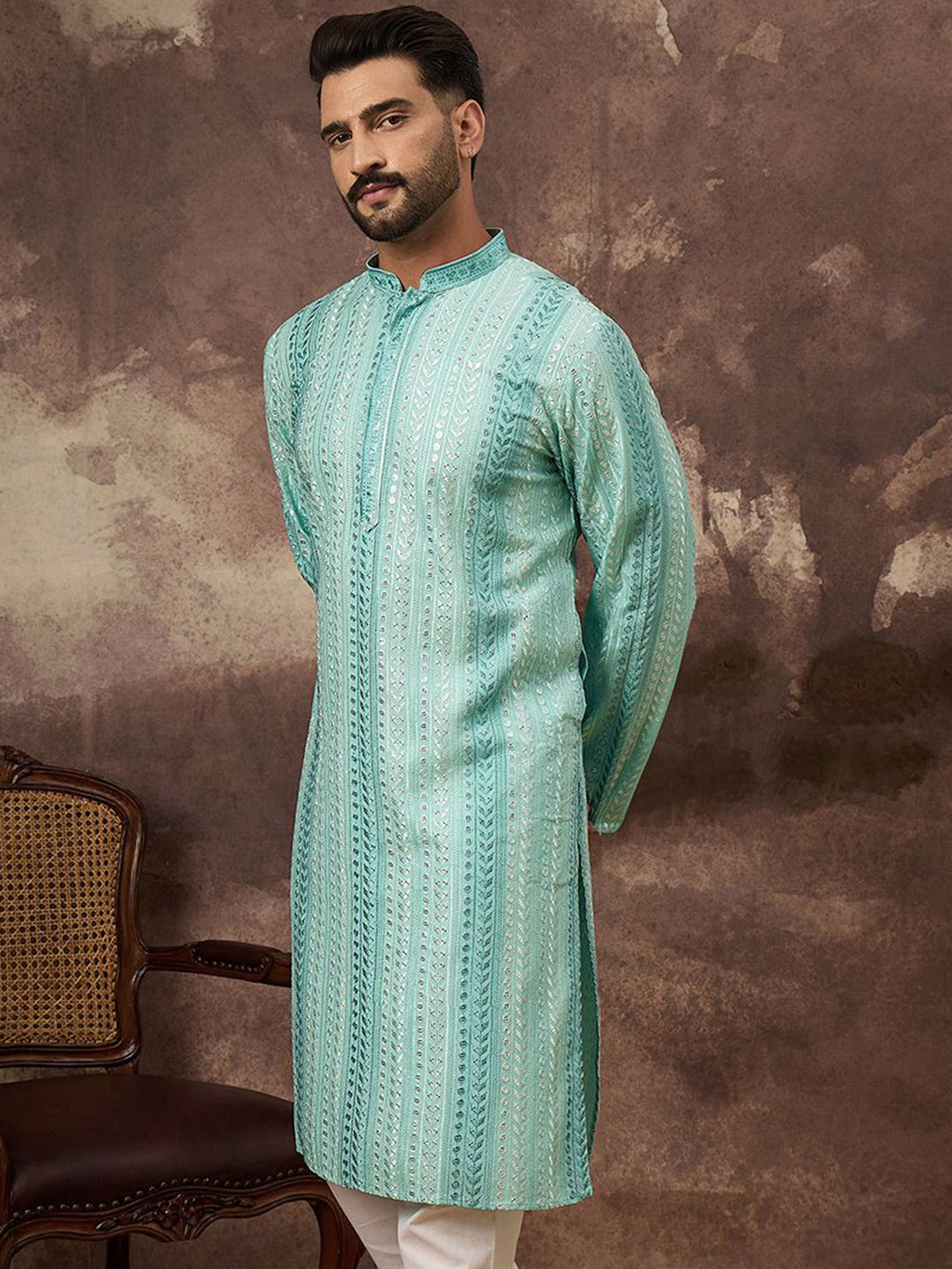 Men Blue Viscose Rayon Solid Embroidered Straight Kurta with Trouser-MKSET1324