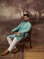 Men Blue Viscose Rayon Solid Embroidered Straight Kurta with Trouser-MKSET1324
