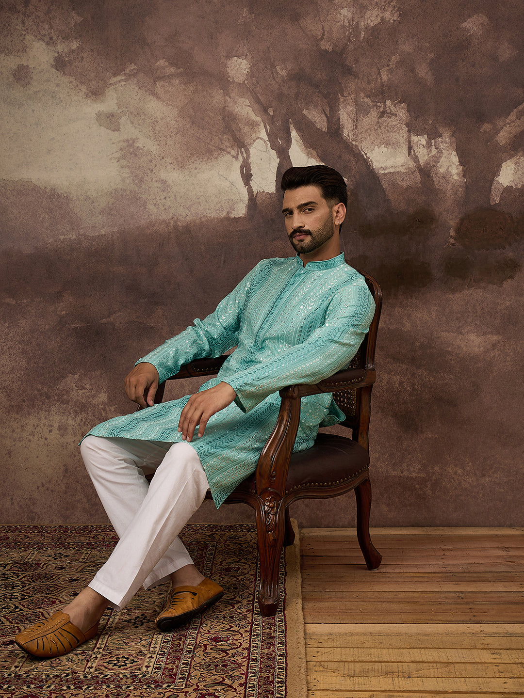 Men Blue Viscose Rayon Solid Embroidered Straight Kurta with Trouser-MKSET1324