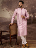 Men Pink Viscose Rayon Solid Embroidered Straight Kurta with Trouser-MKSET1325