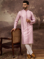 Men Pink Viscose Rayon Solid Embroidered Straight Kurta with Trouser-MKSET1325