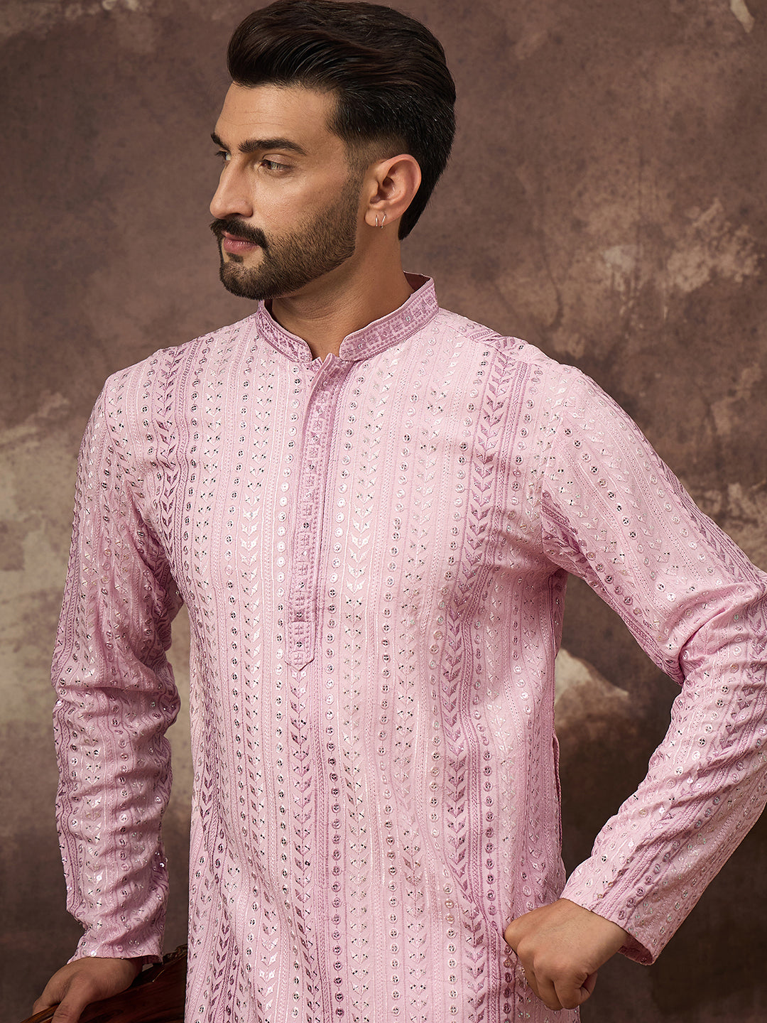 Men Pink Viscose Rayon Solid Embroidered Straight Kurta with Trouser-MKSET1325