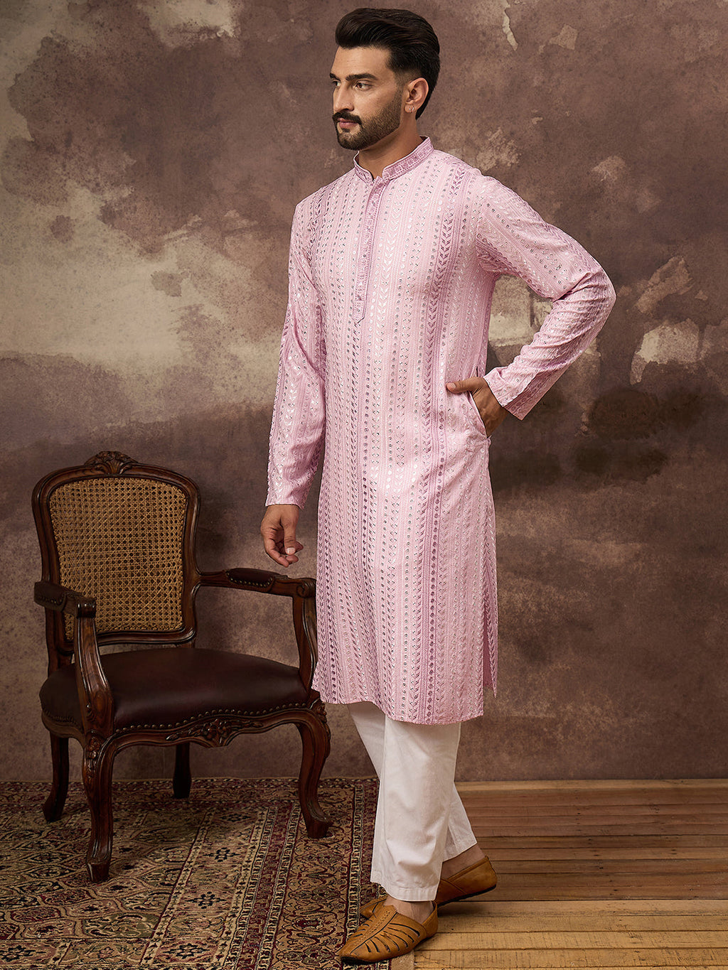 Men Pink Viscose Rayon Solid Embroidered Straight Kurta with Trouser-MKSET1325