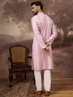 Men Pink Viscose Rayon Solid Embroidered Straight Kurta with Trouser-MKSET1325