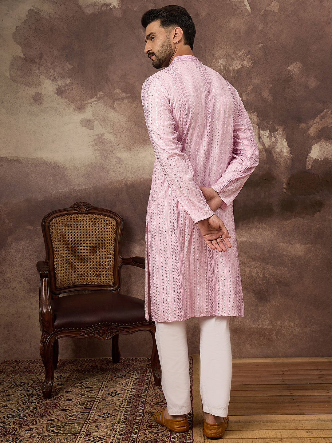 Men Pink Viscose Rayon Solid Embroidered Straight Kurta with Trouser-MKSET1325