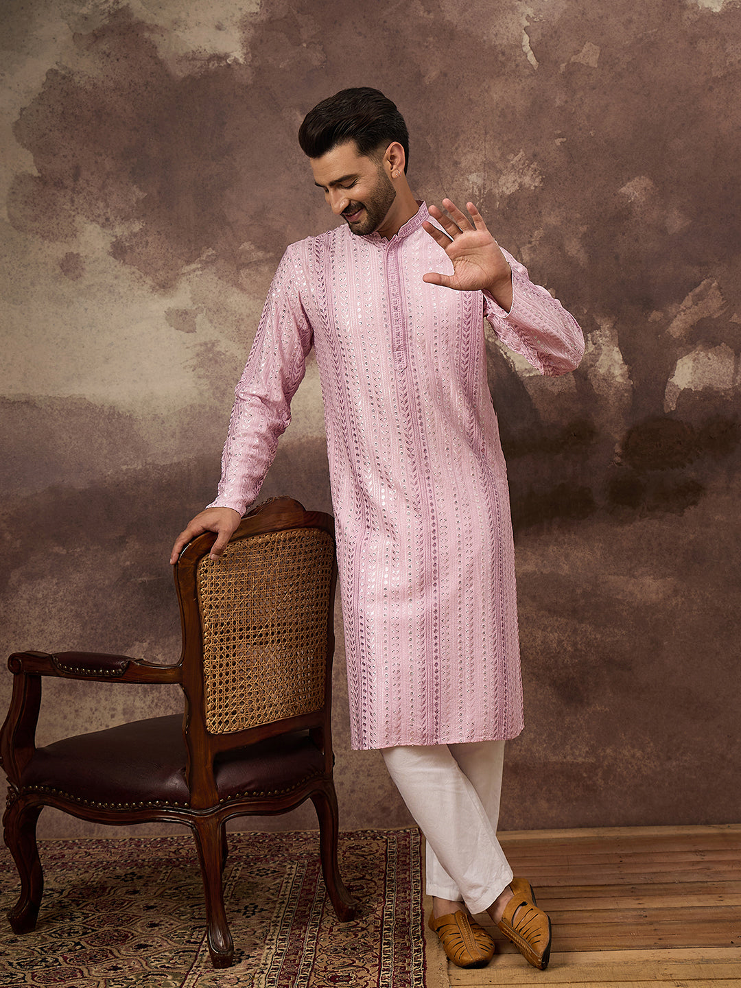Men Pink Viscose Rayon Solid Embroidered Straight Kurta with Trouser-MKSET1325