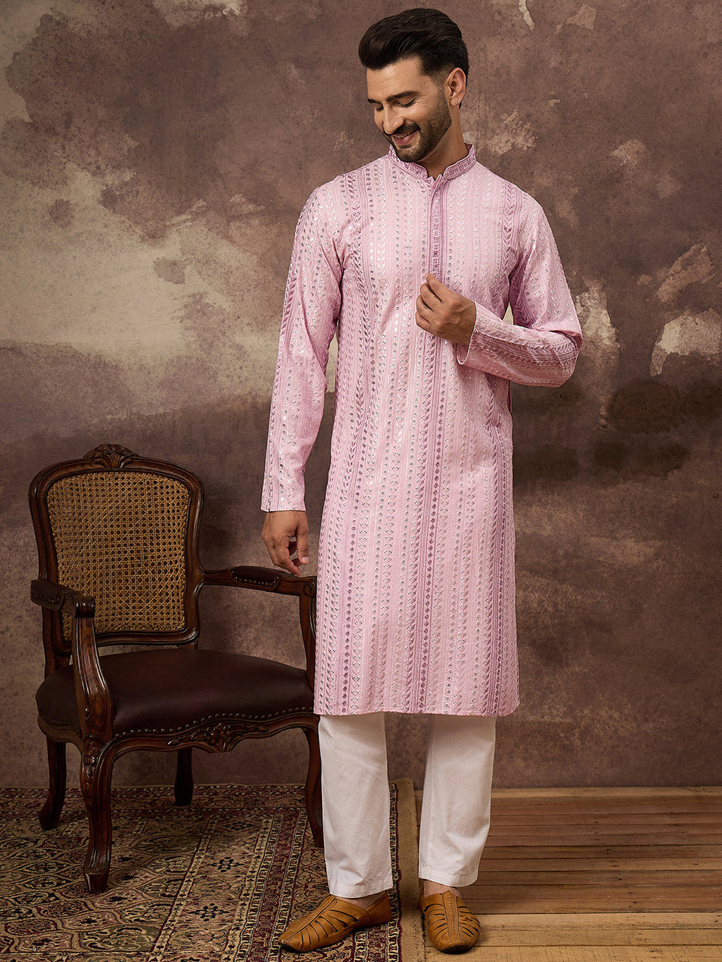 Men Pink Viscose Rayon Solid Embroidered Straight Kurta with Trouser-MKSET1325