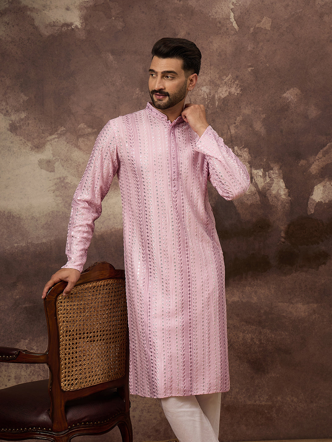Men Pink Viscose Rayon Solid Embroidered Straight Kurta with Trouser-MKSET1325