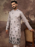 Men Grey Silk Blend Solid Embroidered Straight Kurta and Trouser-MKSET1326