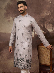 Men Grey Silk Blend Solid Embroidered Straight Kurta and Trouser-MKSET1326