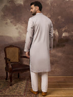 Men Grey Silk Blend Solid Embroidered Straight Kurta and Trouser-MKSET1326