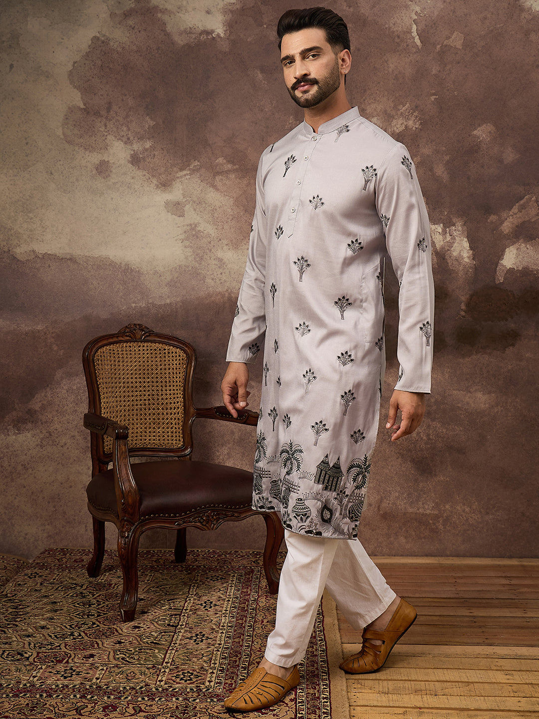 Men Grey Silk Blend Solid Embroidered Straight Kurta and Trouser-MKSET1326