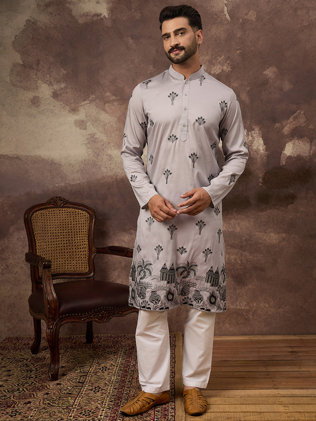 Men Grey Silk Blend Solid Embroidered Straight Kurta and Trouser-MKSET1326