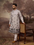 Men Grey Silk Blend Solid Embroidered Straight Kurta and Trouser-MKSET1326
