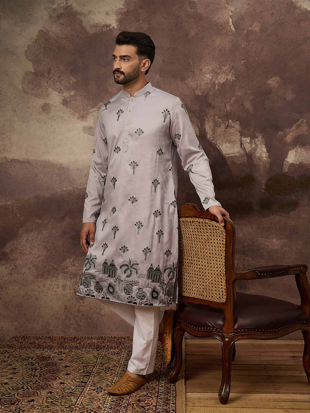 Men Grey Silk Blend Solid Embroidered Straight Kurta and Trouser-MKSET1326