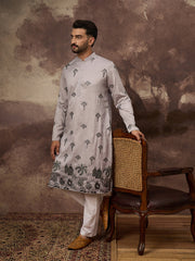 Men Grey Silk Blend Solid Embroidered Straight Kurta and Trouser-MKSET1326
