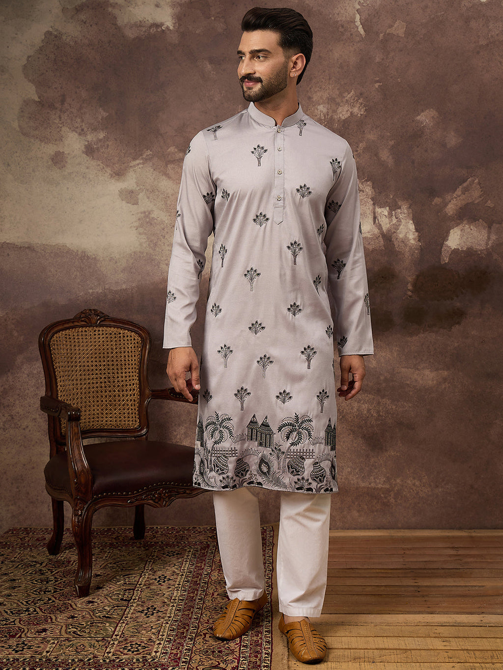 Men Grey Silk Blend Solid Embroidered Straight Kurta and Trouser-MKSET1326