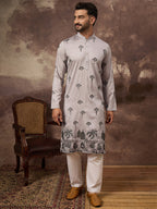 Men Grey Silk Blend Solid Embroidered Straight Kurta and Trouser-MKSET1326