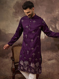 Men Purple Silk Blend Solid Embroidered Straight Kurta and Trouser-MKSET1327