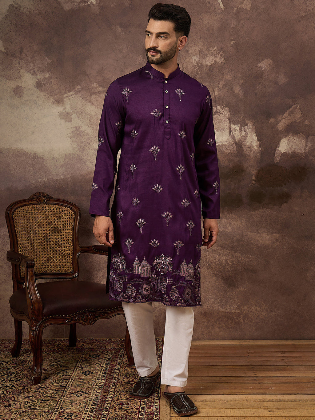 Men Purple Silk Blend Solid Embroidered Straight Kurta and Trouser-MKSET1327