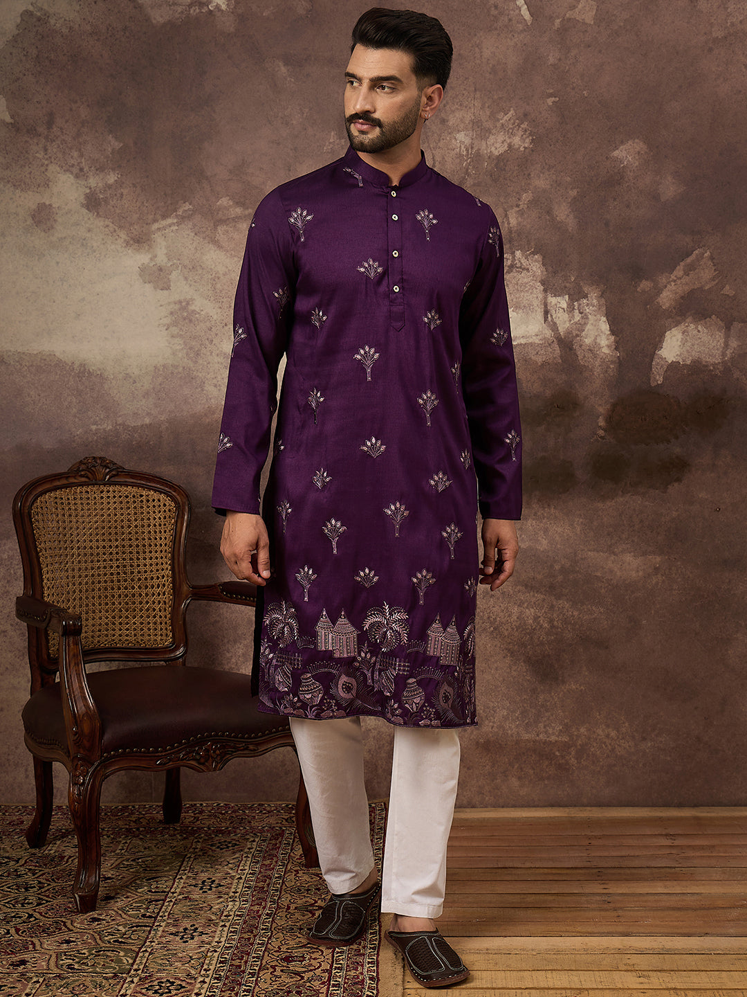 Men Purple Silk Blend Solid Embroidered Straight Kurta and Trouser-MKSET1327