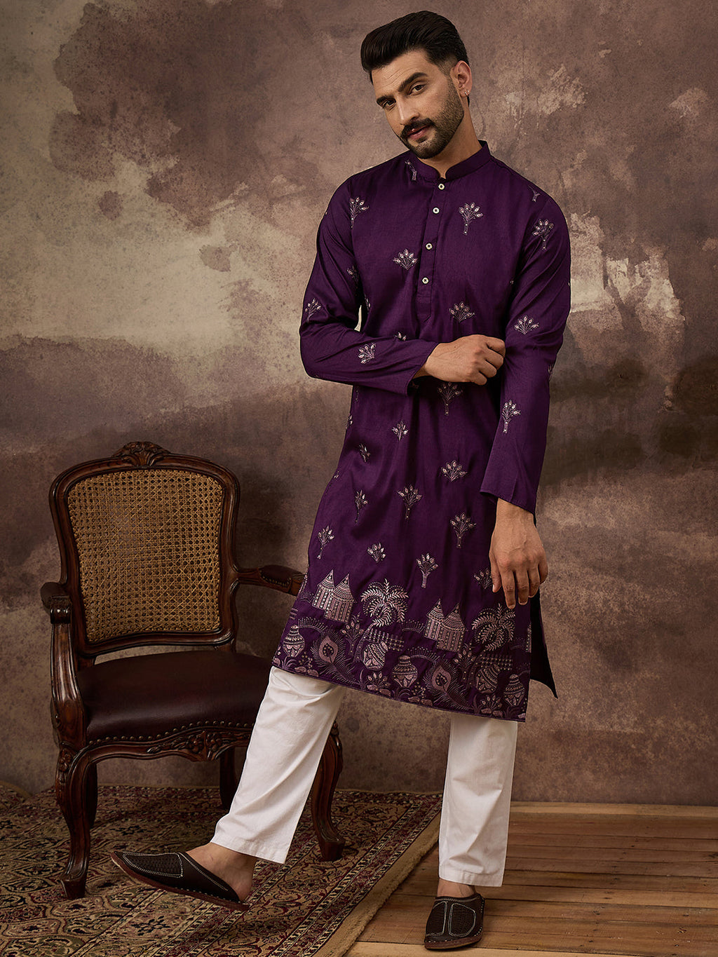 Men Purple Silk Blend Solid Embroidered Straight Kurta and Trouser-MKSET1327
