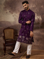Men Purple Silk Blend Solid Embroidered Straight Kurta and Trouser-MKSET1327