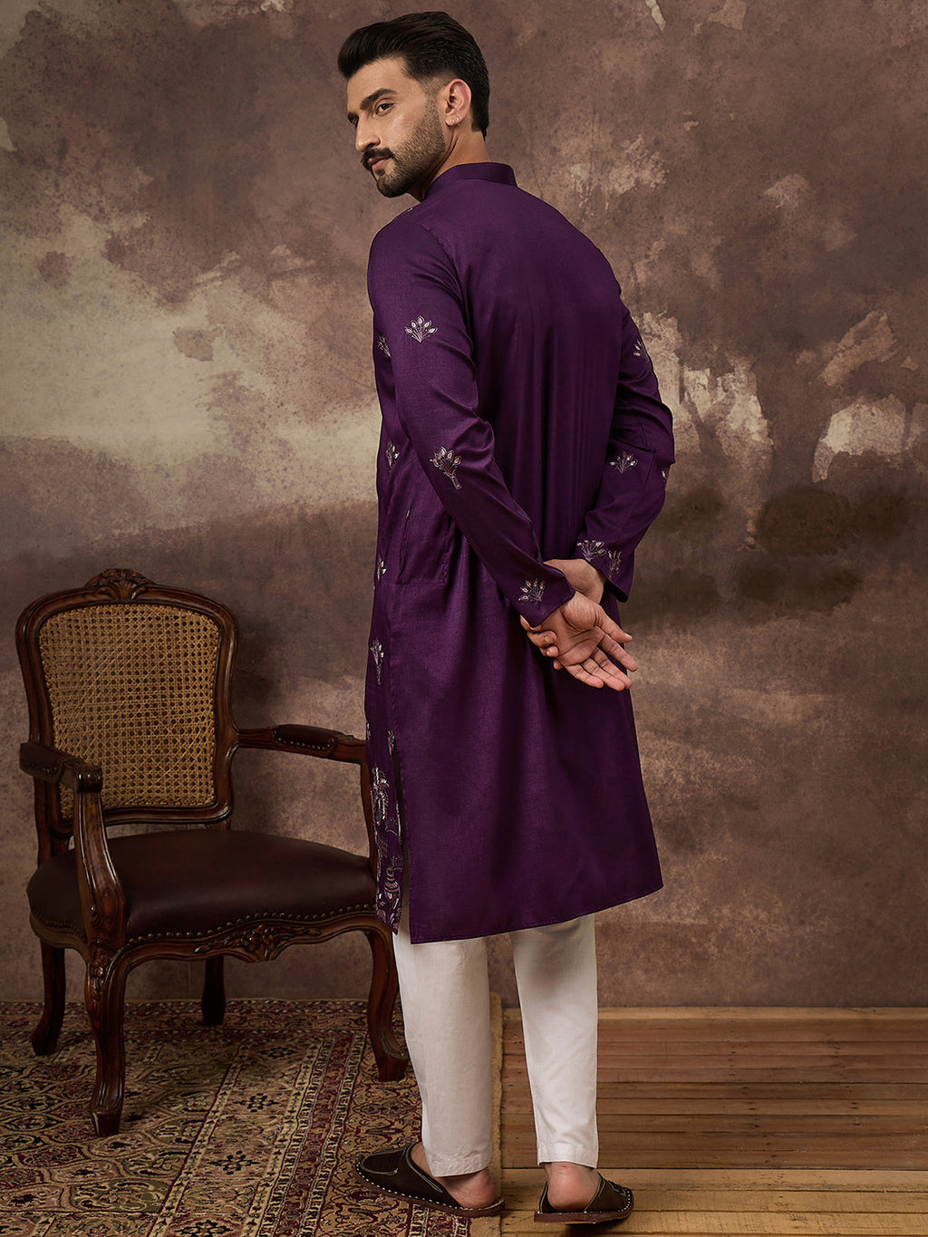 Men Purple Silk Blend Solid Embroidered Straight Kurta and Trouser-MKSET1327