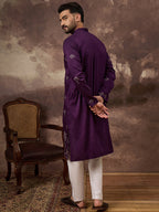 Men Purple Silk Blend Solid Embroidered Straight Kurta and Trouser-MKSET1327