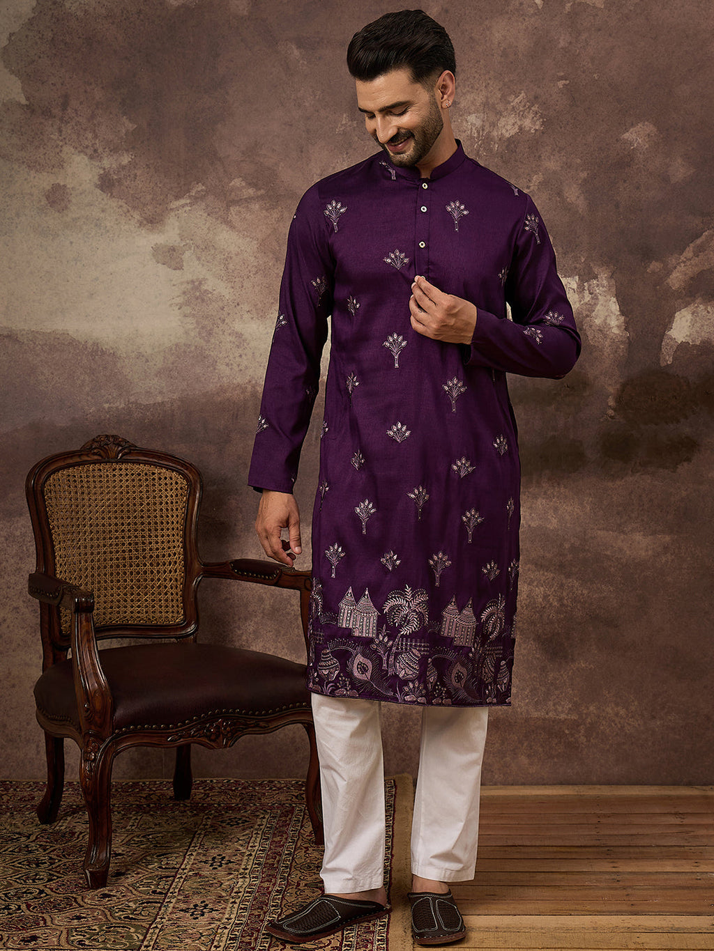 Men Purple Silk Blend Solid Embroidered Straight Kurta and Trouser-MKSET1327