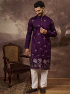 Men Purple Silk Blend Solid Embroidered Straight Kurta and Trouser-MKSET1327
