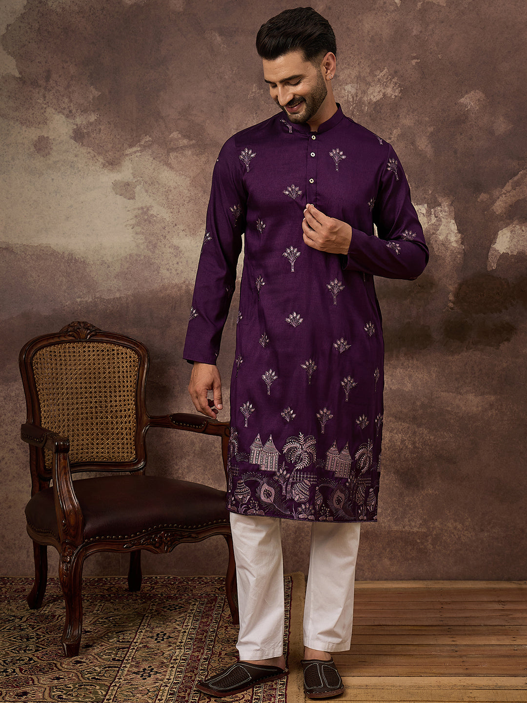 Men Purple Silk Blend Solid Embroidered Straight Kurta and Trouser-MKSET1327