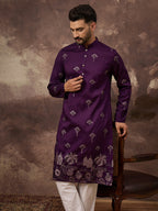 Men Purple Silk Blend Solid Embroidered Straight Kurta and Trouser-MKSET1327