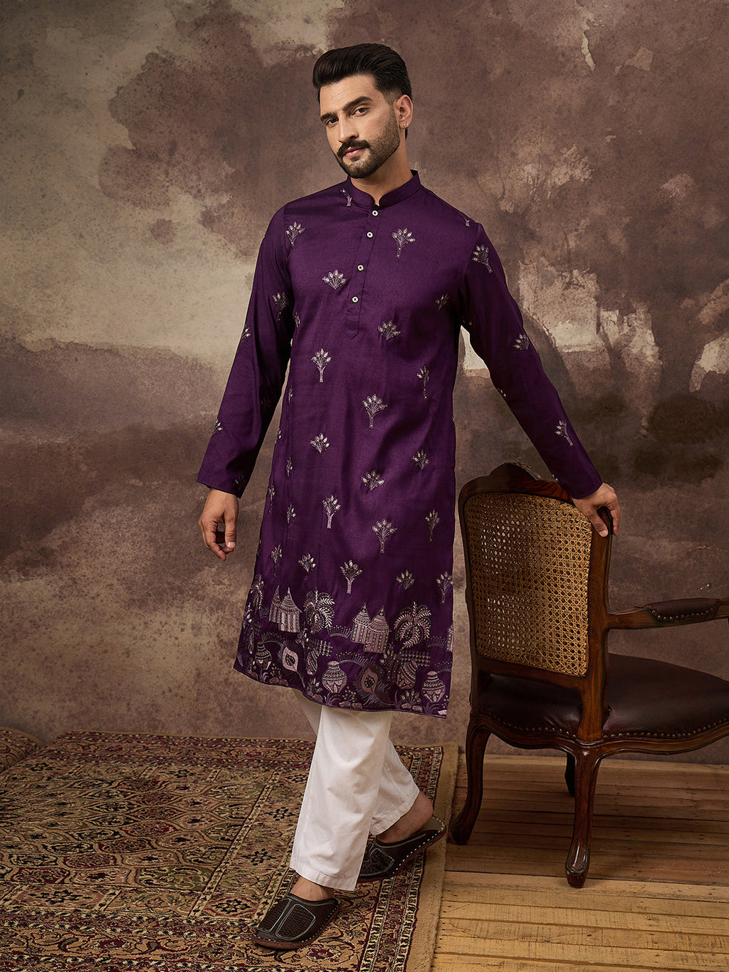 Men Purple Silk Blend Solid Embroidered Straight Kurta and Trouser-MKSET1327
