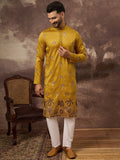 Men Yellow Silk Blend Solid Embroidered Straight Kurta and Trouser-MKSET1328