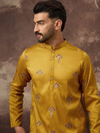 Men Yellow Silk Blend Solid Embroidered Straight Kurta and Trouser-MKSET1328