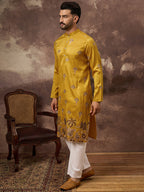Men Yellow Silk Blend Solid Embroidered Straight Kurta and Trouser-MKSET1328
