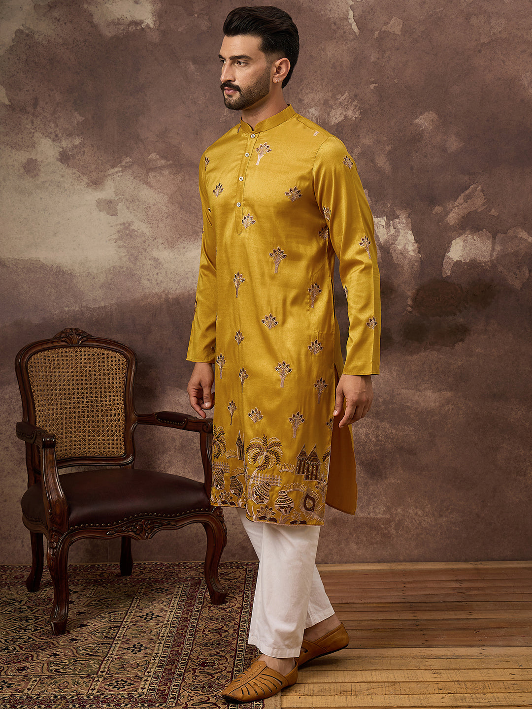 Men Yellow Silk Blend Solid Embroidered Straight Kurta and Trouser-MKSET1328