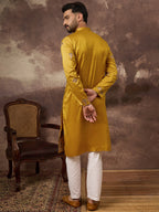 Men Yellow Silk Blend Solid Embroidered Straight Kurta and Trouser-MKSET1328