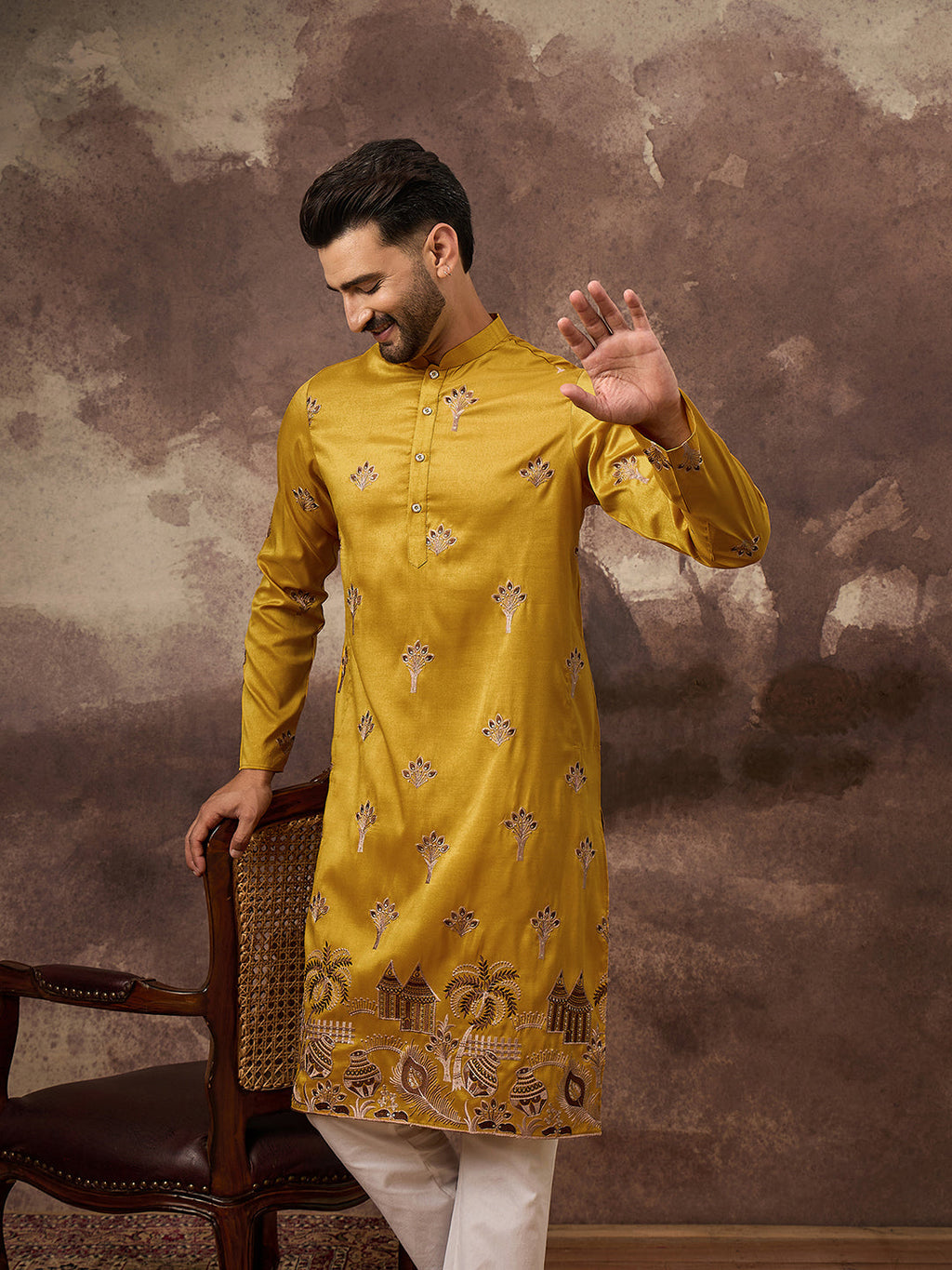 Men Yellow Silk Blend Solid Embroidered Straight Kurta and Trouser-MKSET1328