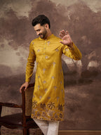Men Yellow Silk Blend Solid Embroidered Straight Kurta and Trouser-MKSET1328