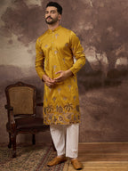 Men Yellow Silk Blend Solid Embroidered Straight Kurta and Trouser-MKSET1328