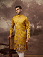 Men Yellow Silk Blend Solid Embroidered Straight Kurta and Trouser-MKSET1328