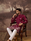Men Maroon Silk Blend Solid Embroidered Straight Kurta and Trouser-MKSET1329