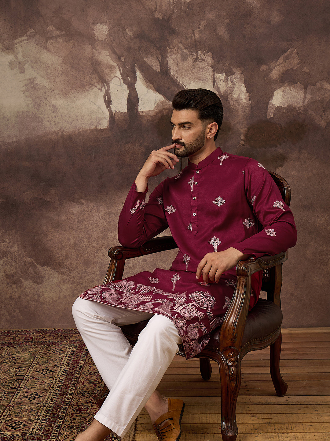 Men Maroon Silk Blend Solid Embroidered Straight Kurta and Trouser-MKSET1329