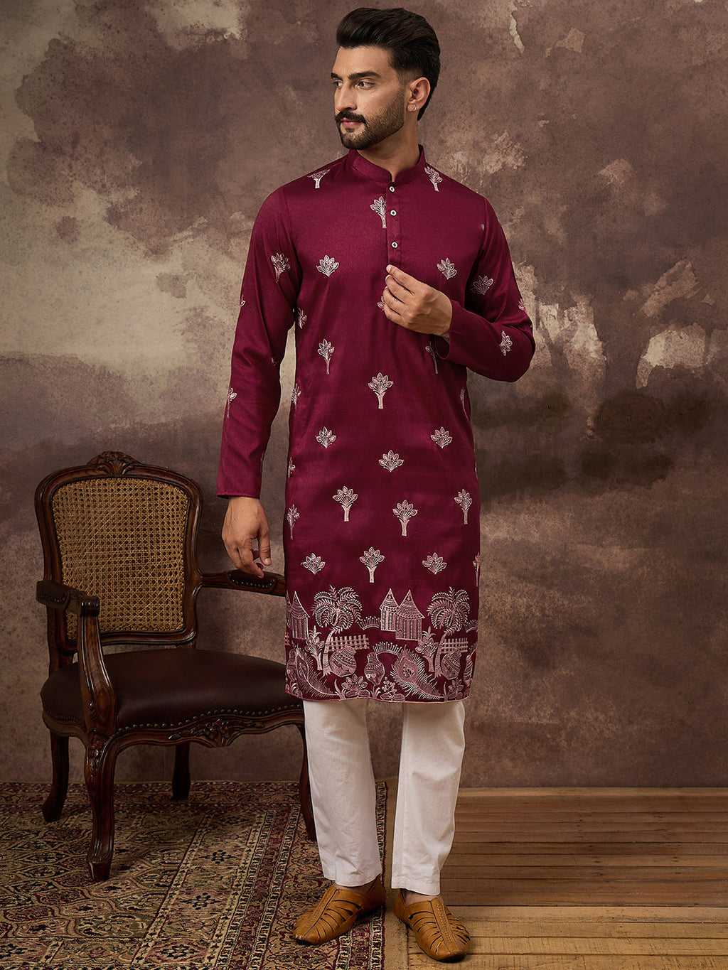 Men Maroon Silk Blend Solid Embroidered Straight Kurta and Trouser-MKSET1329