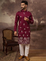 Men Maroon Silk Blend Solid Embroidered Straight Kurta and Trouser-MKSET1329