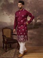 Men Maroon Silk Blend Solid Embroidered Straight Kurta and Trouser-MKSET1329