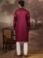 Men Maroon Silk Blend Solid Embroidered Straight Kurta and Trouser-MKSET1329