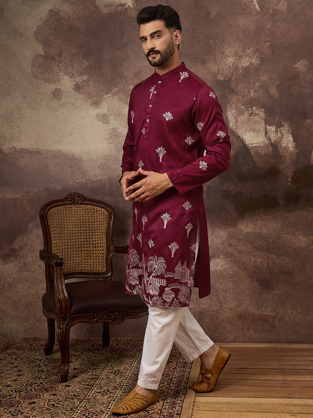 Men Maroon Silk Blend Solid Embroidered Straight Kurta and Trouser-MKSET1329
